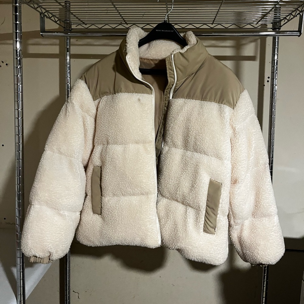 Women's Sherpa Cream and Tan Puffer Jacket